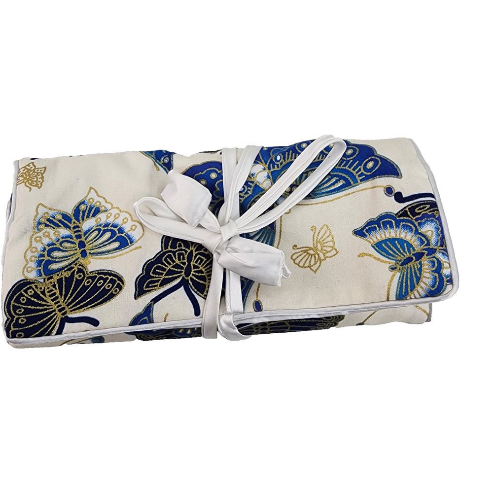 Travel Jewelry Organizer Roll Blue Butterfly Fold Up Case 3 Zip Compartments